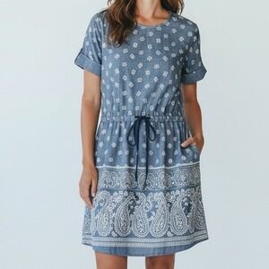 Paisley Print Drawstring Waist Shirt Dress Medium cottage core whimsigoth gap‎